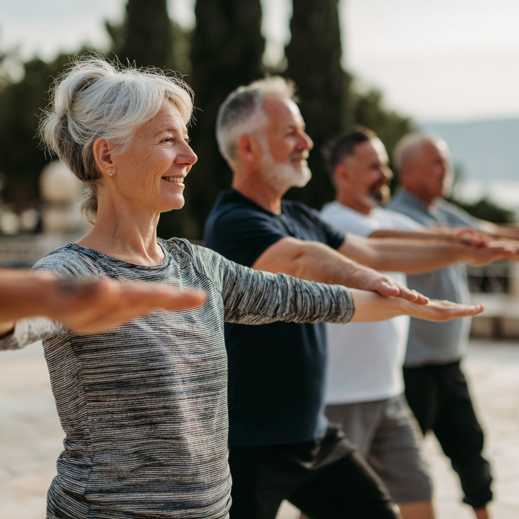 Group of middle-aged adults practicing gentle fitness exercises together outdoors