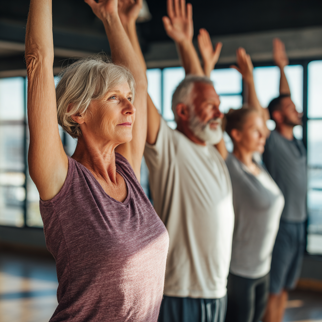 Middle-aged adults doing gentle stretching and movement exercises in natural light